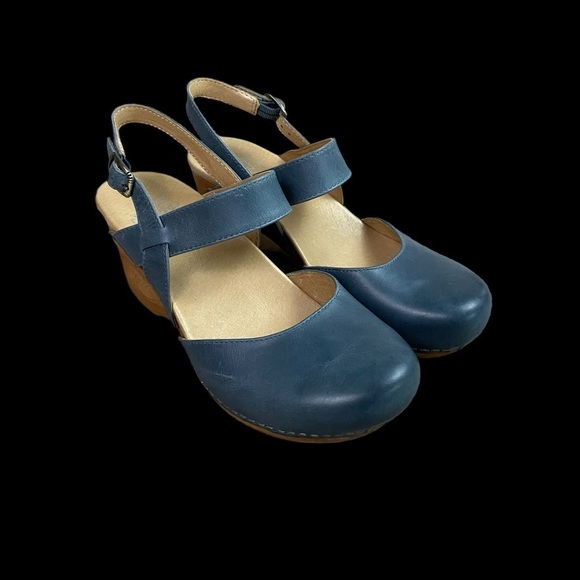 Dansko Taci Mary Jane Clogs Women’s 7 EU 37 Blue Leather Wood Cutout - Picture 2 of 13